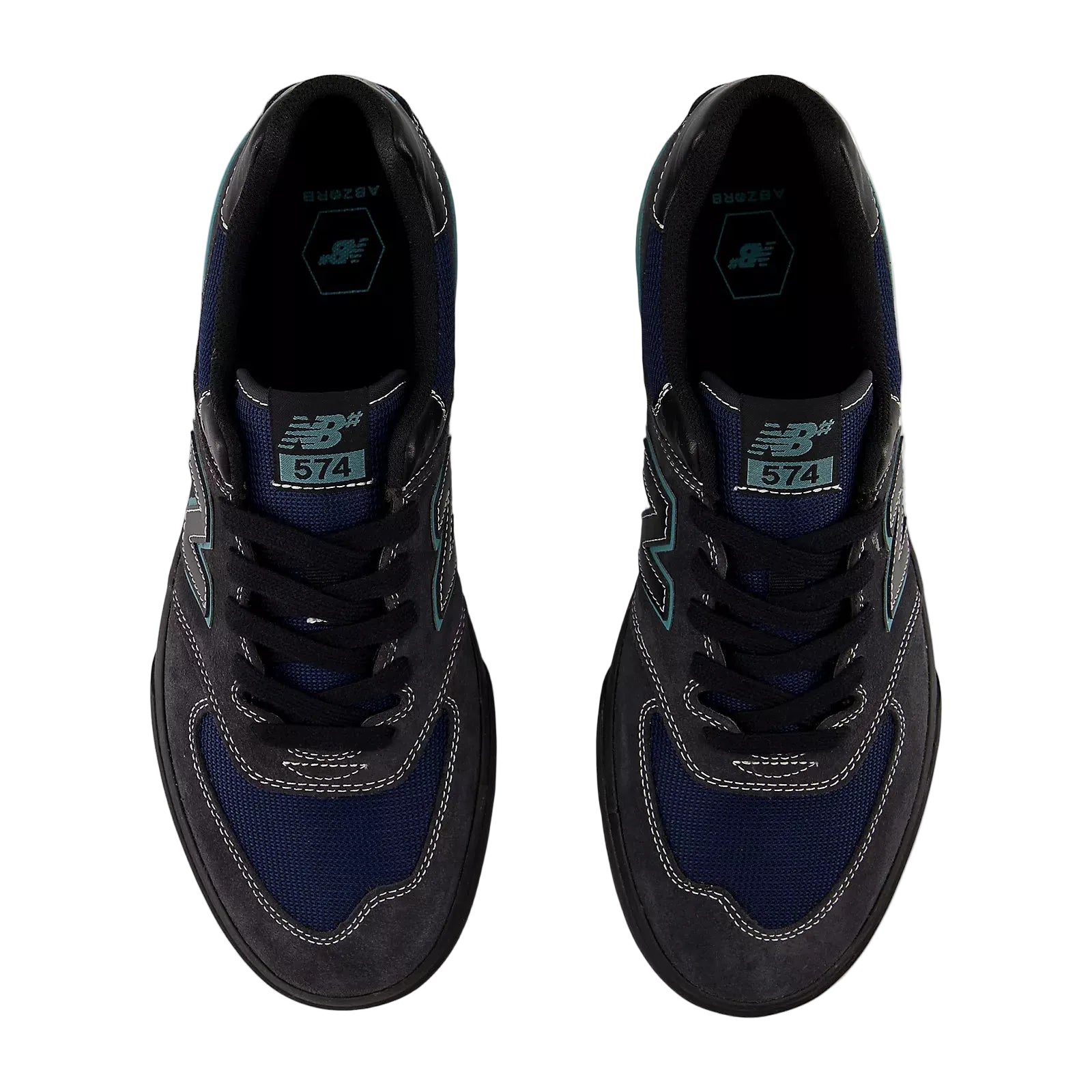Black and blue sneakers with New Balance logo on a white background