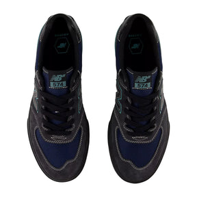 Black and blue sneakers with New Balance logo on a white background