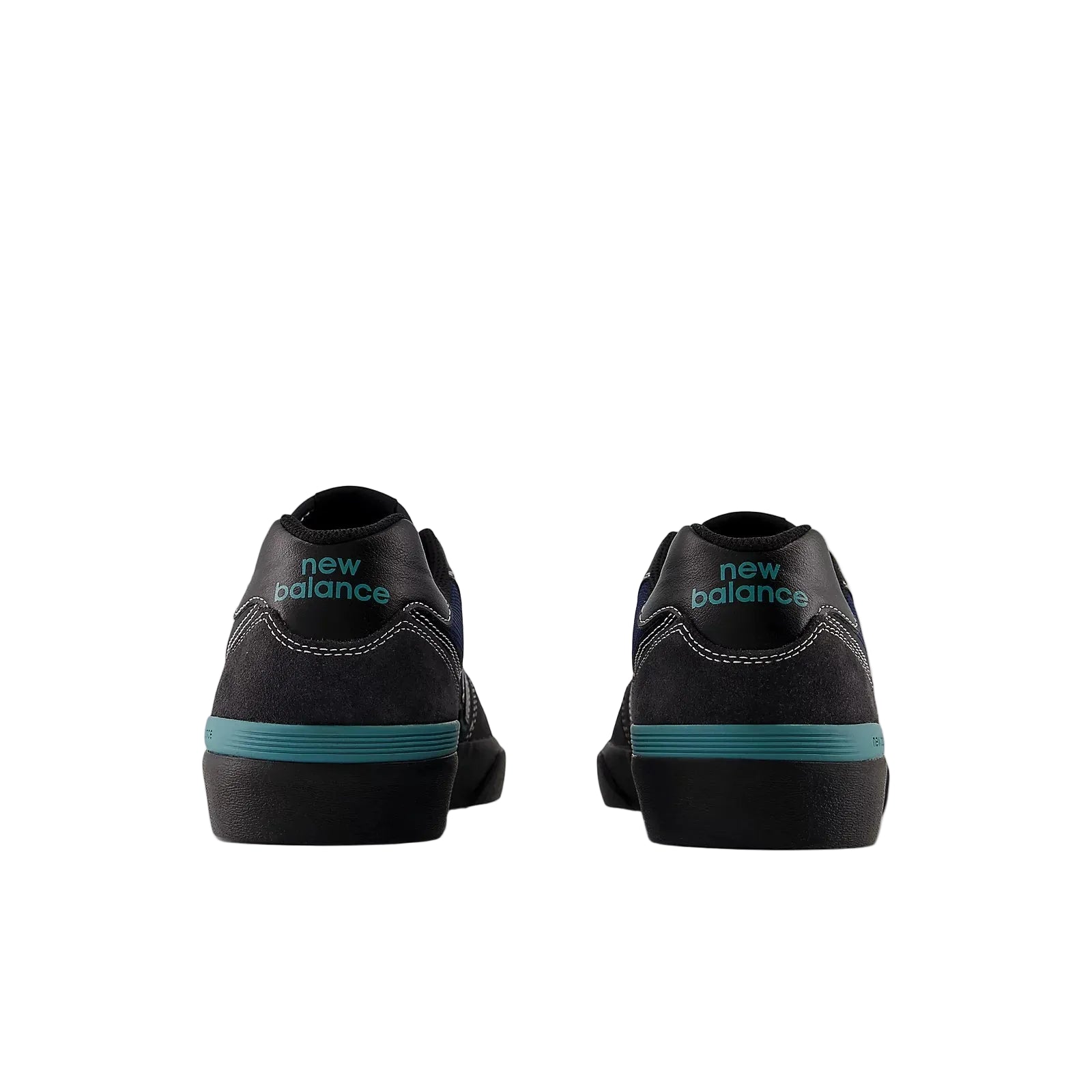 Black high-top sneakers with teal accents on a white background