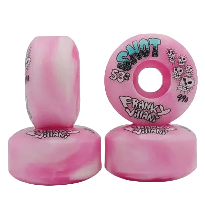 Pink and white swirled skateboard wheels with branding on a white background